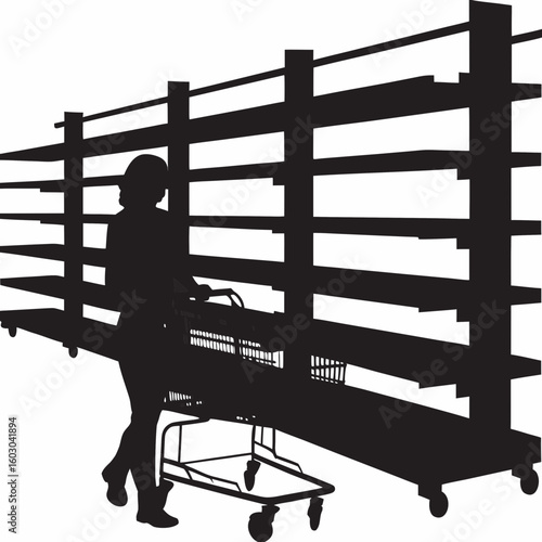 Silhouette of a person shopping in a grocery store aisle