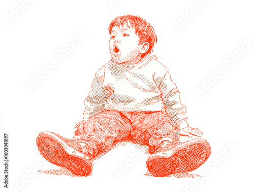 Young child sitting and yawning in hand-drawn flat illustration  
