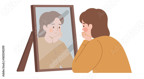 Pensive woman reflecting in mirror: thoughtful and introspective momen