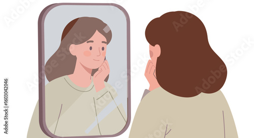 Woman reflecting in mirror with calm expression in minimalist style