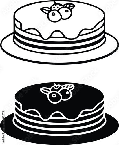 Pancakes Icons. Black and White Vector Illustration. Thin Fried Round Flatbreads with Sour Cream and Blueberries. Tasty Food. Fast Food Concept
