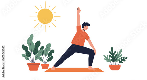 Man practicing yoga outdoors with houseplants and sun in minimalist st