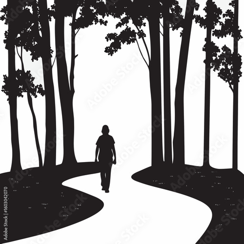 Silhouette of person walking on forest path with transparency