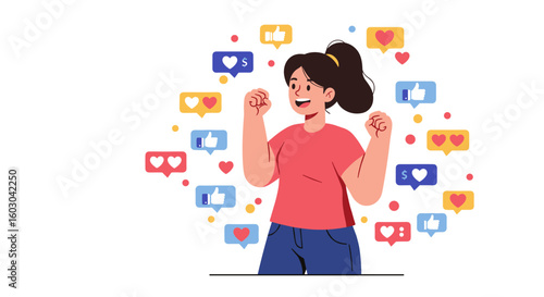 Excited woman surrounded by social media reactions in flat style