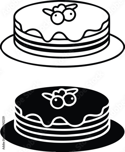 Pancakes Icons. Black and White Vector Illustration. Thin Fried Round Flatbreads with Sour Cream and Blueberries. Tasty Food. Fast Food Concept
