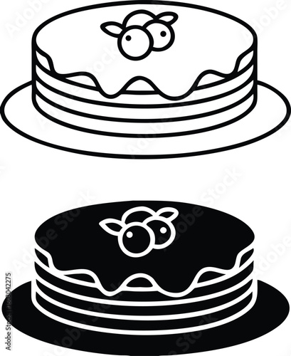 Pancakes Icons. Black and White Vector Illustration. Thin Fried Round Flatbreads with Sour Cream and Blueberries. Tasty Food. Fast Food Concept
