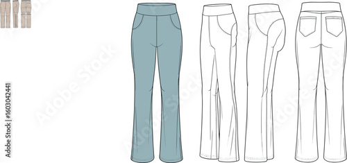Cargo pants CAD drawing, flat vector fashion illustration with fitted waist, flared hem, blue front side back outline views
