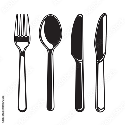 Simple and elegant black and white vector illustration of dinner utensils including a fork spoon and two knives for culinary concepts
