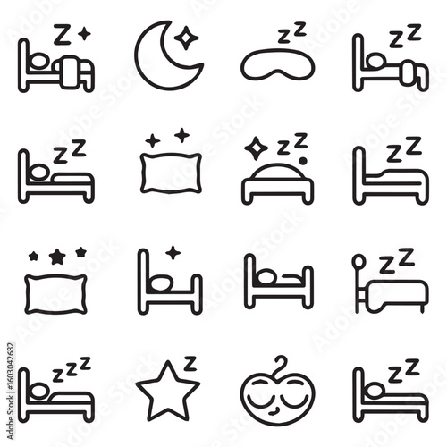 Collection of stylized black line art icons representing sleep bedtime rest and dreams with beds pillows moons and zzz symbols