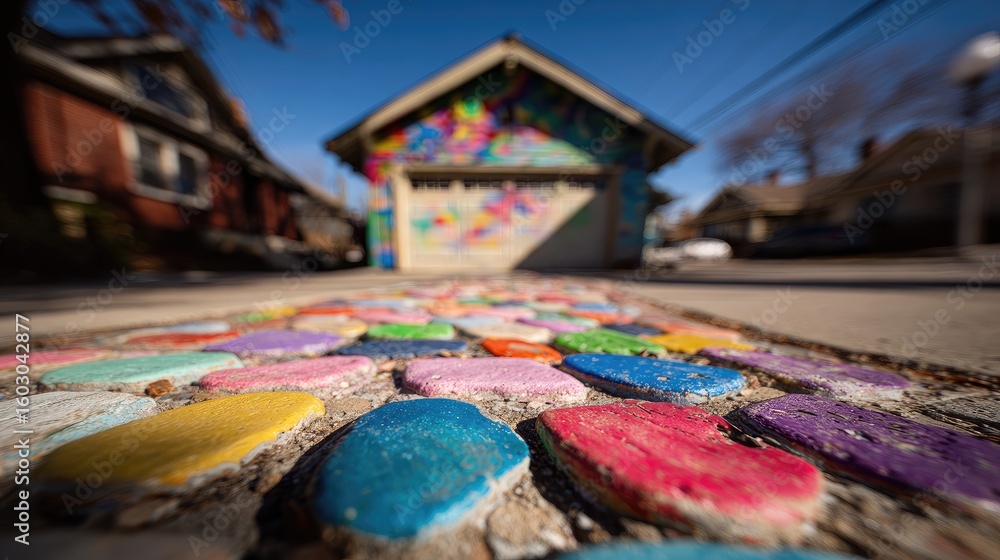 Fototapeta premium Colorful painted stones form a vibrant pathway.