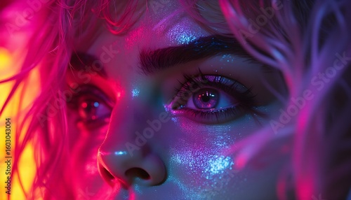 A striking female face as a graphic resource: close-up beauty in bright neon multi-colored lighting, fantastic and realistic at the same time, with an emphasis on the mesmerizing look of bottomless ey