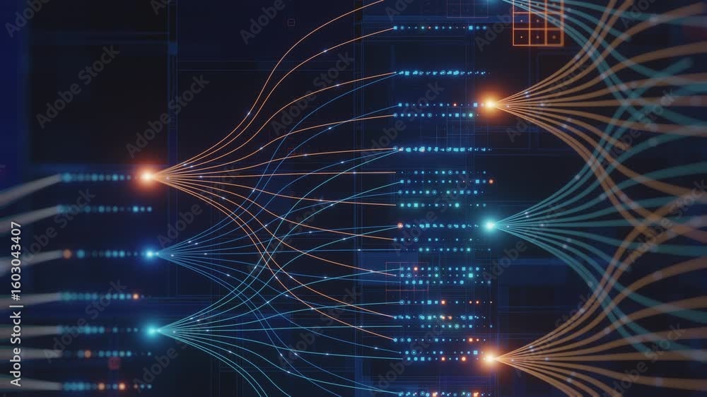 This dynamic background shows a futuristic representation of digital data processing and transfer across a vast, interconnected network, symbolizing big data analytics.