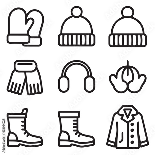 Collection of winter clothing and accessories icons including mittens hats scarf headphones and boots for cold weather protection