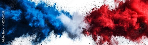 Abstract Powder Explosion Red, White and Blue Cloud Collision on White Backdrop,Abstract, Color