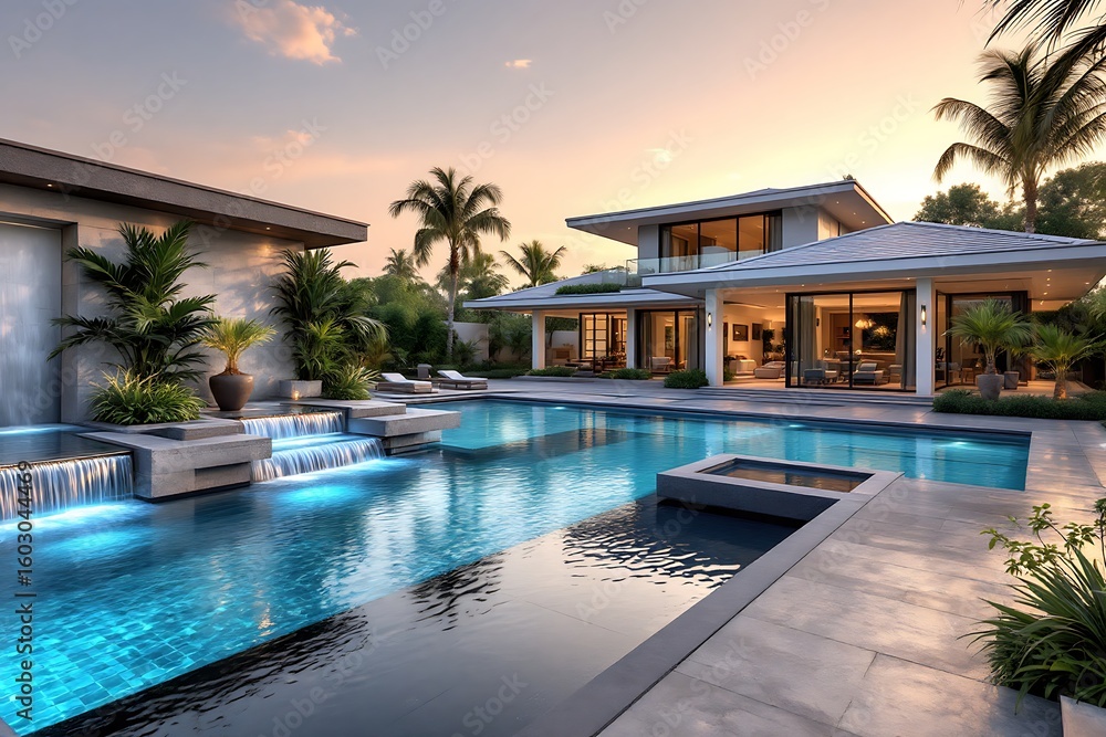 Fototapeta premium Luxury Home with Swimming Pool at Sunset Outdoors