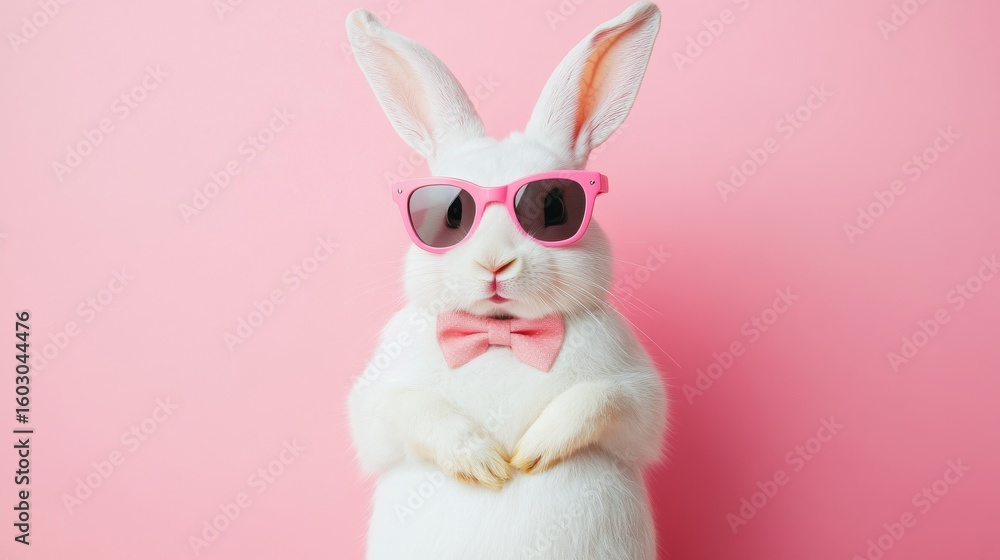 Obraz premium Funny white rabbit wearing pink sunglasses and bow tie with crossed arms posing confidently against pastel background, humorous animal portrait with attitude and stylish expression