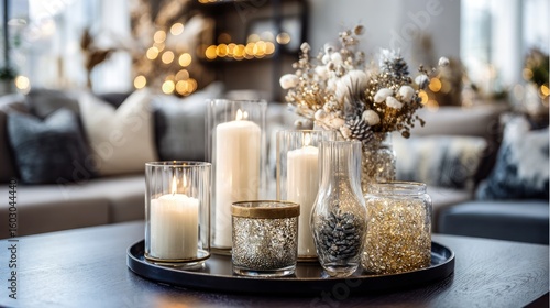 Decorative candles and ornaments arranged on a tray.