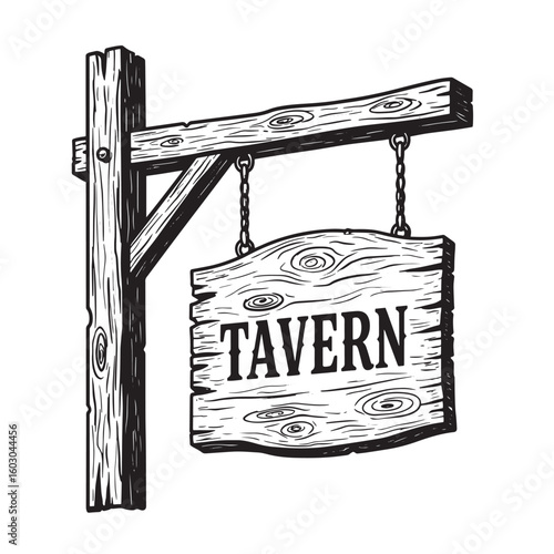 Vintage art style depiction of a wooden tavern sign suspended by chains perfect for pubs restaurants bars and old west themed designs.