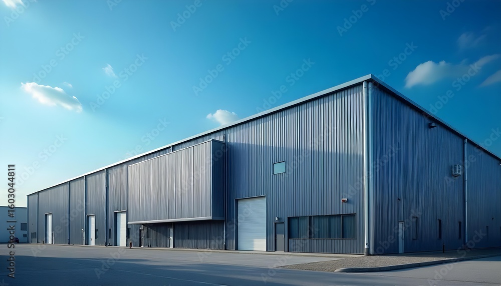 Modern Corrugated Metal Industrial Warehouse or Office Building Exterior Under Clear Blue Sky - Commercial Real Estate and Logistics Hub Modern Corrugated Metal Industrial Warehouse or Office Building Exterior Under Clear Blue Sky - Commercial Real Estate and Logistics Hub