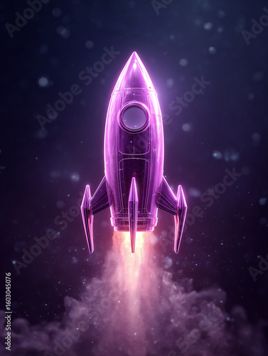 Glossy purple rocket hovering amid snowfall with fiery exhaust, digital art