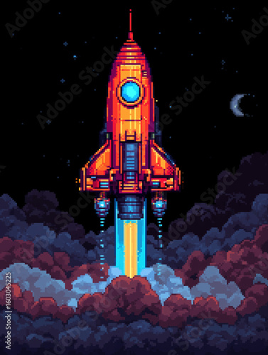 Pixel art orange rocket ascending past crescent moon in starry night, retro game style
