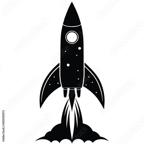 Black and White Rocket Ship Illustration Ascending with Flames Underneath Representing Powerful Spaceflight