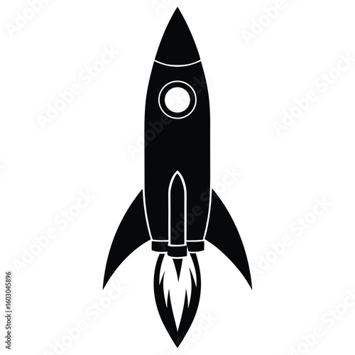 Black and White Silhouette of a Rocket Launching with Flames on White Background