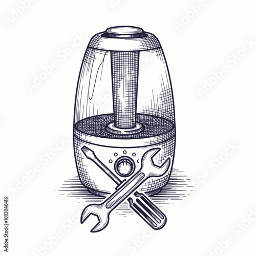 Home appliance repair icons presenting sketched humidifier with tools, showing home appliance repair icons.