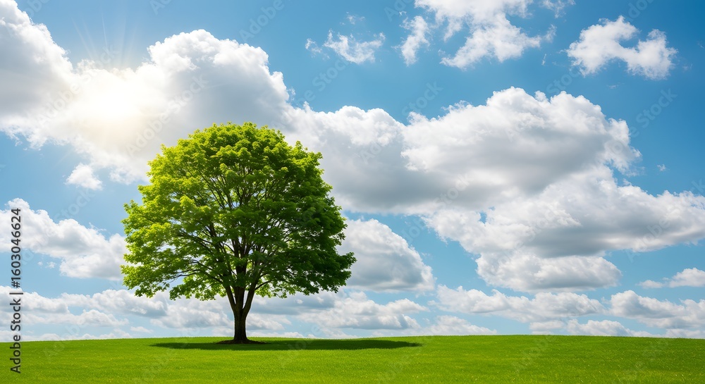Obraz premium Lush Green Tree in a Scenic Landscape Under a Blue Sky