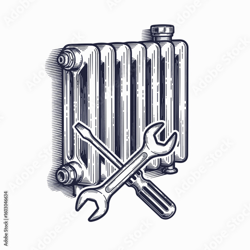 Home appliance repair icon showcasing radiator crossed with wrench and screwdriver. Home appliance repair and maintenance services shown using essential tools. Symbolizing expertise and reliability,