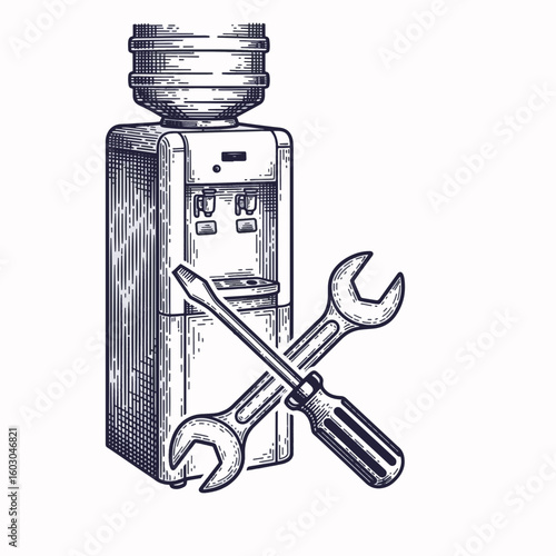 Home appliance repair icons showing water cooler with crossed wrench and screwdriver, imply fixing broken equipment. Home appliance repair icons represent essential home maintenance,