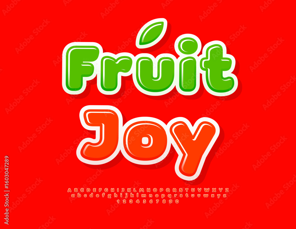 Naklejka premium Vector Funny flyer Fruit Joy. Glossy Red Font. Cute Sweet Alphabet Letters and Numbers set.