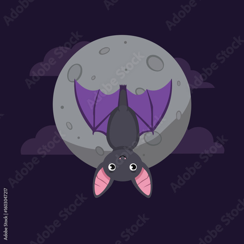 Cute bat hanging upside down with purple wings in front of full moon at night vector illustration 