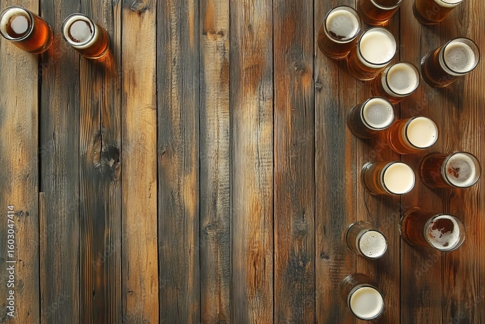 Fototapeta premium Overhead Beer Glasses on Rustic Wood Table, Drinks, Cheers