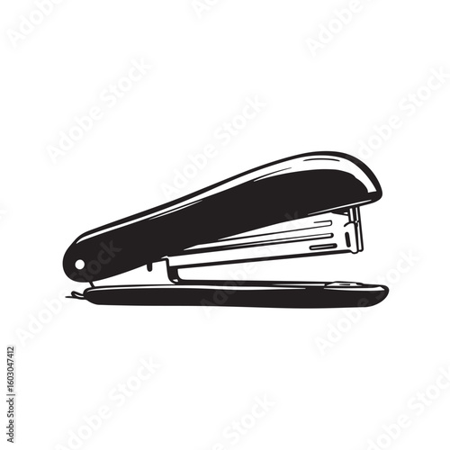 A classic hand drawn black and white staple remover illustration in a vintage art style useful for any office documents