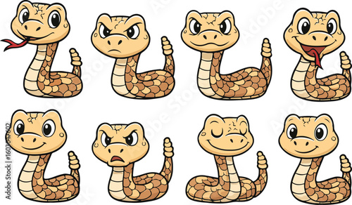 vector illustration of rattlesnake snake viper funny cute cartoon mascot character cartoon with 8 poses 02