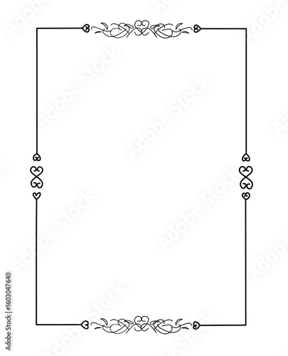 A delicate and elegant rectangular frame featuring ornamental swirls and heart-shaped flourishes at the corners and edges. The design balances classic beauty with a minimalistic touch, making it ideal