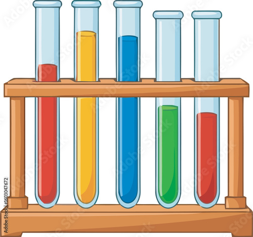 Colorful liquids in test tubes on a wooden rack, a science experiment setup.