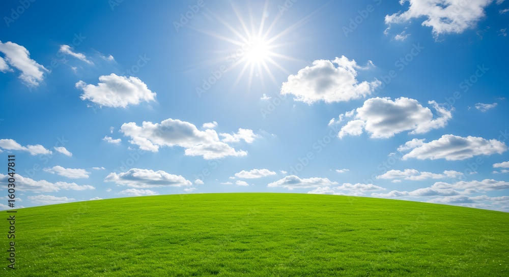 Fototapeta premium Scenic Landscape: Green Grass Hill Under Blue Sky with Sun and Clouds