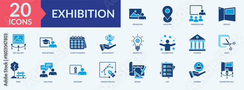 Exhibition icon collection set with art gallery, graphic design, event planning, exhibition hall, museum
