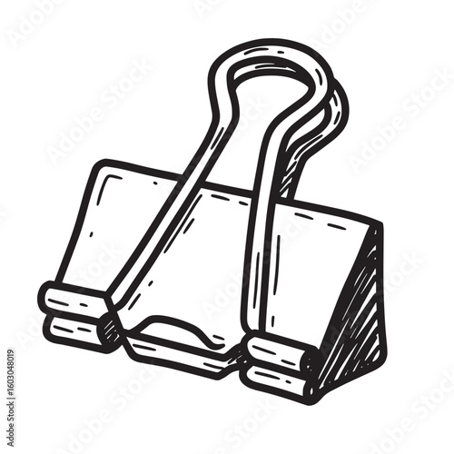 A hand-drawn black and white vintage art illustration of a classic office supply binder clip for stationery related projects and designs.