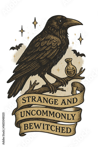 Raven Gothic Vintage Print – Strange and Uncommonly Bewitched Quote Bird Art