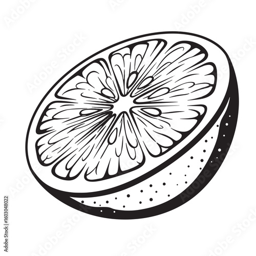 A detailed vintage art illustration featuring a half cut lemon showing the internal segments of the fruit and its rind in monochrome