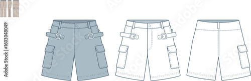 Cargo shorts CAD drawing, flat vector fashion illustration with buckle details, dual pocket styles, simplified back view variation