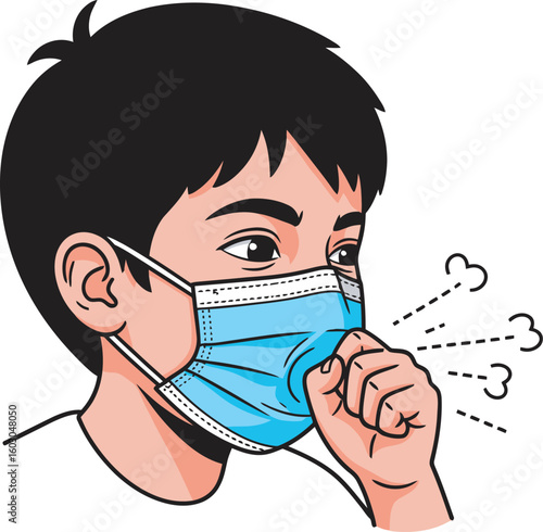 A cartoon boy wearing a face mask coughs, illustrating proper hygiene during illness.