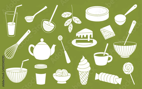 A collection of white line art illustrations of tea and dessert items arranged on a solid olive green background