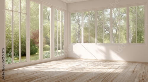 Sunlit, empty room with large windows