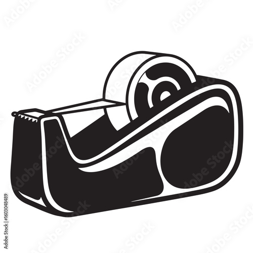 A simple vintage art illustration of a classic clear tape dispenser with a full roll of tape ready for use in office and crafting environments.