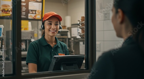 An ultra-realistic, bright photo of a fast-food worker with a headset, smiling warmly at an unseen customer at the drive-thru window. 