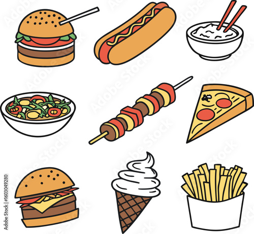 Cute Food Illustration Pack Taco Hot Dog Bibimbap and Sweets in Simple Vector Style
